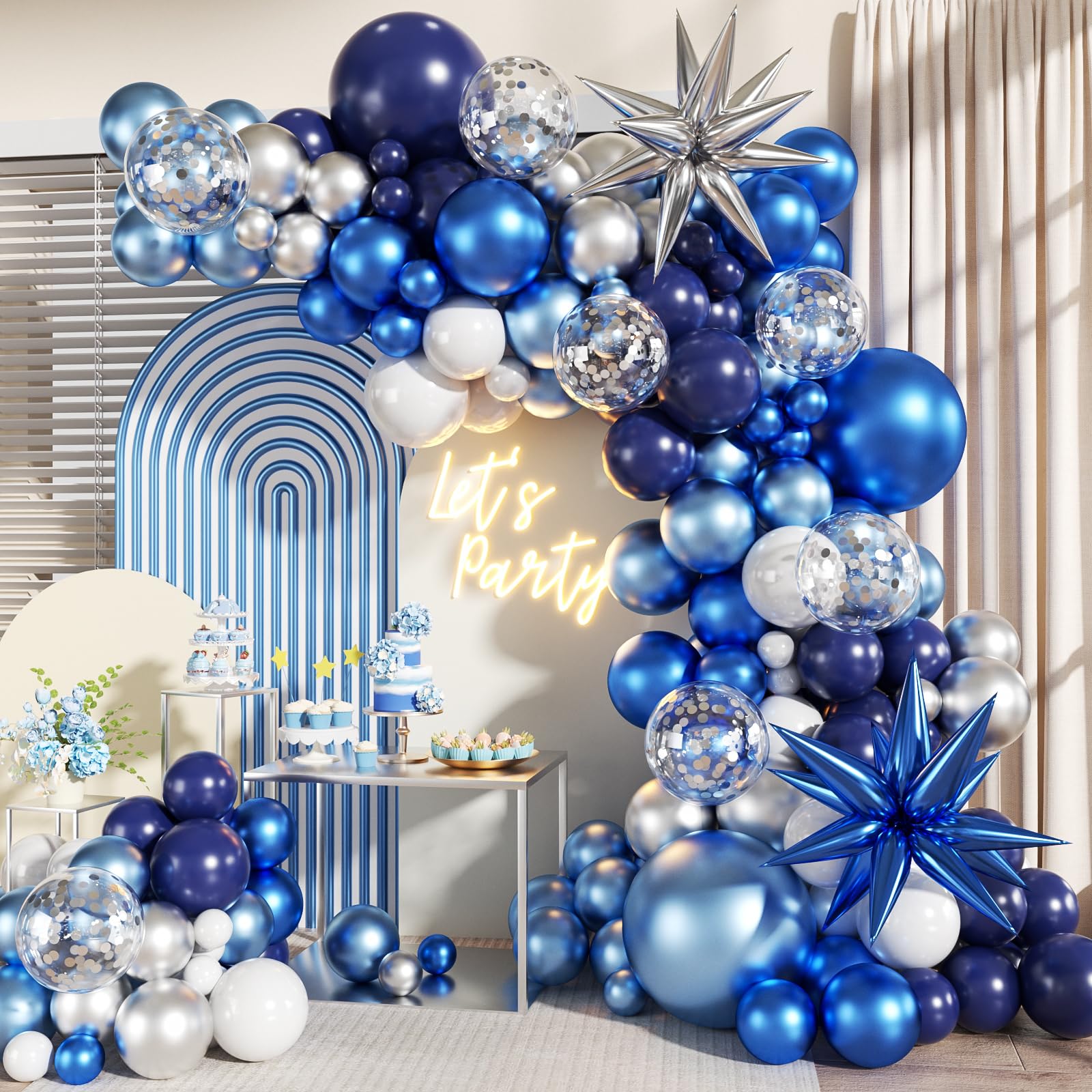 Photo 1 of Blue White Silver Balloon Garland Arch Kit, 140Pcs Navy Light Metallic Blue Silver White Confetti Balloons With Stars for Birthday Wedding Birdal Shower Graduation Fathers Day Party Decorations
