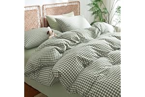 Nayoroom Gingham Duvet Cover Queen Size 100% Washed Cotton Green Plaid Checkered Comforter Cover 3 Pcs Soft Breathable Grid Farmhouse Dorm Bedding Set for All Seasons