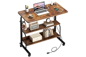 soges 31.4inches Adjustable Mobile Computer Desk with Storage Shelves, Portable Laptop Desk Cart, Rolling Working Desk Home O