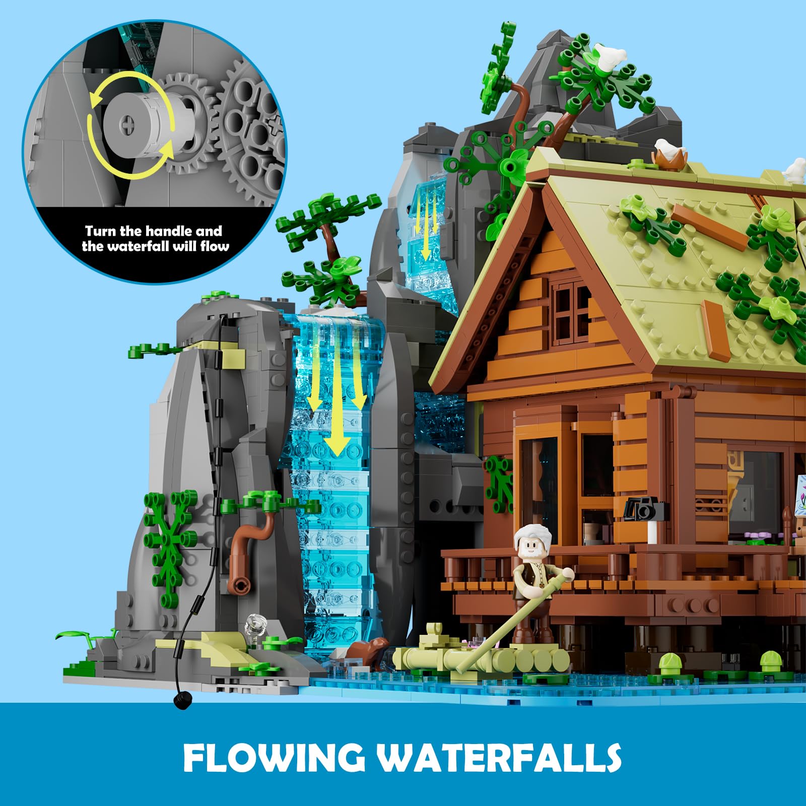 Lumibricks Waterfall Cabin Bauset mit Licht – 2539 Teile Retro Holzhaus mit beweglichem Wasserfall & Naturkulisse, Sammlerstück für Erwachsene 3