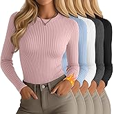 Oakgarden 5 Pack Women's 90% Cotton Thermal Shirts Long Sleeve Ribbed Fleece Lined Underwear Tops Slim Fit Warm Base Layer