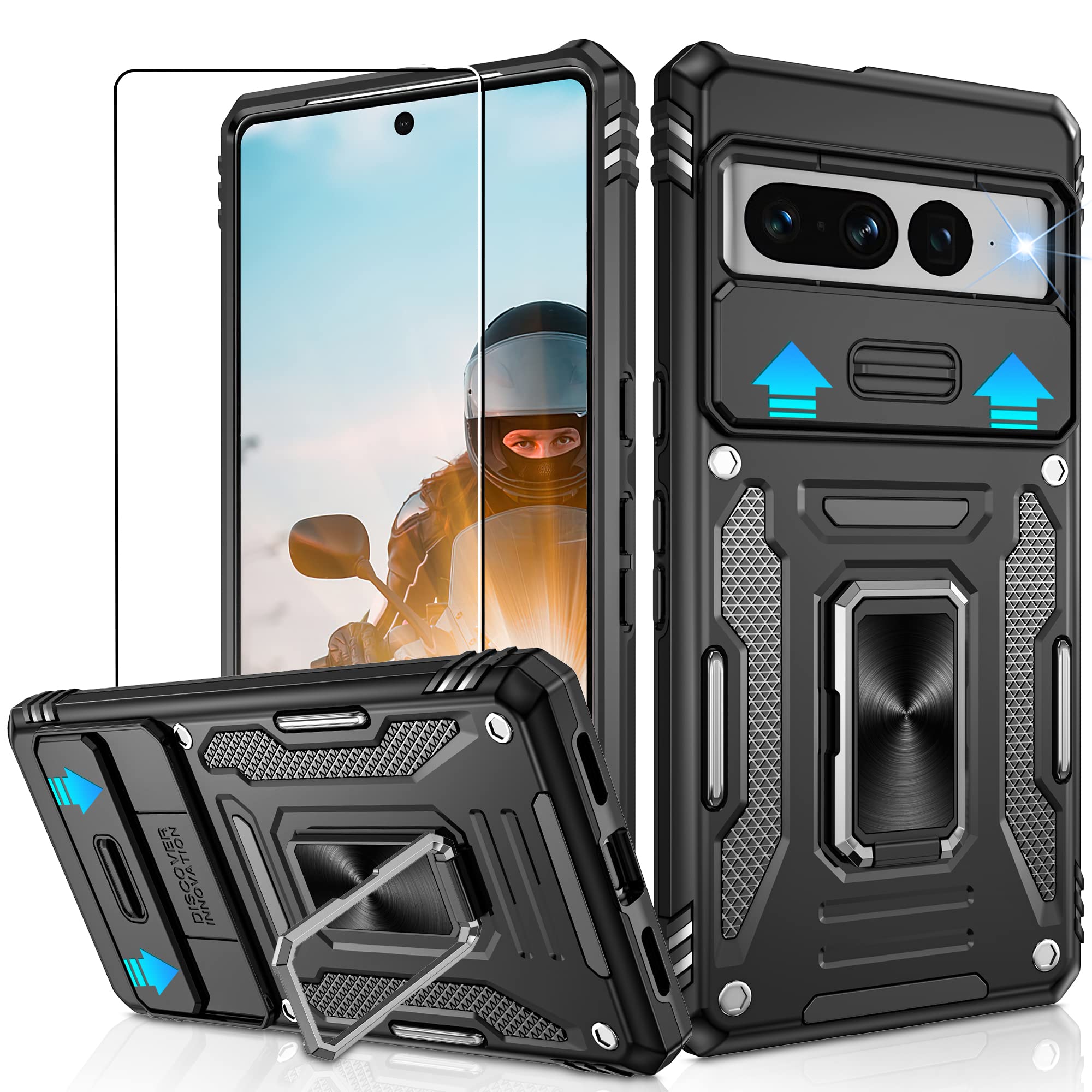 Jshru for Google Pixel 7 Pro Case with [Upgraded] Slide Camera Cover,Military Grade Shockproof Case with Ring Kickstand, Anti-Scratch Armour Phone Cover for Google Pixel 7 Pro,Black — image 1