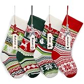 Mostop 4 Pack Knit Christmas Stockings, 19" Large Size Cable Knit Reindeer, Snowflake, Snowman Xmas Stockings with 4pcs Leather Name Tags for Xmas Holiday Christmas Party Family Decor