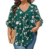 Siddhe Womens Plus Size Tops 3/4 Ruffle Sleeve Blouses V Neck Chiffon Shirts Babydoll Dressy Casual Tunic Top XL-5XL