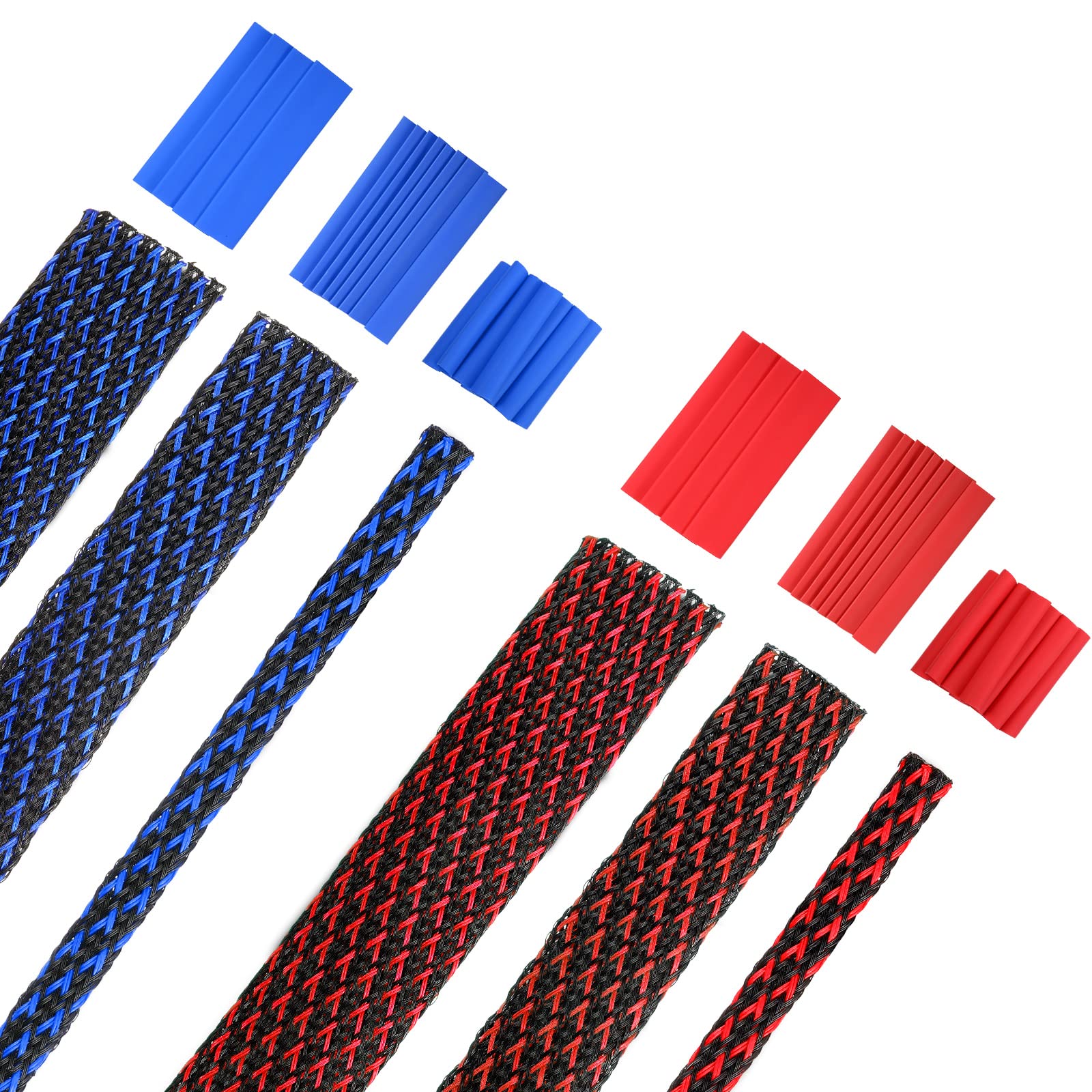96ft Wire Loom Braided Cable Sleeve Covers Cord Management with 127 Pieces Tube Heat Shrinkable for Audio Video Cable Cord Protectors from Pets (Red, Blue and Black,1/2 Inch, 1/4 Inch, 3/8 Inch)