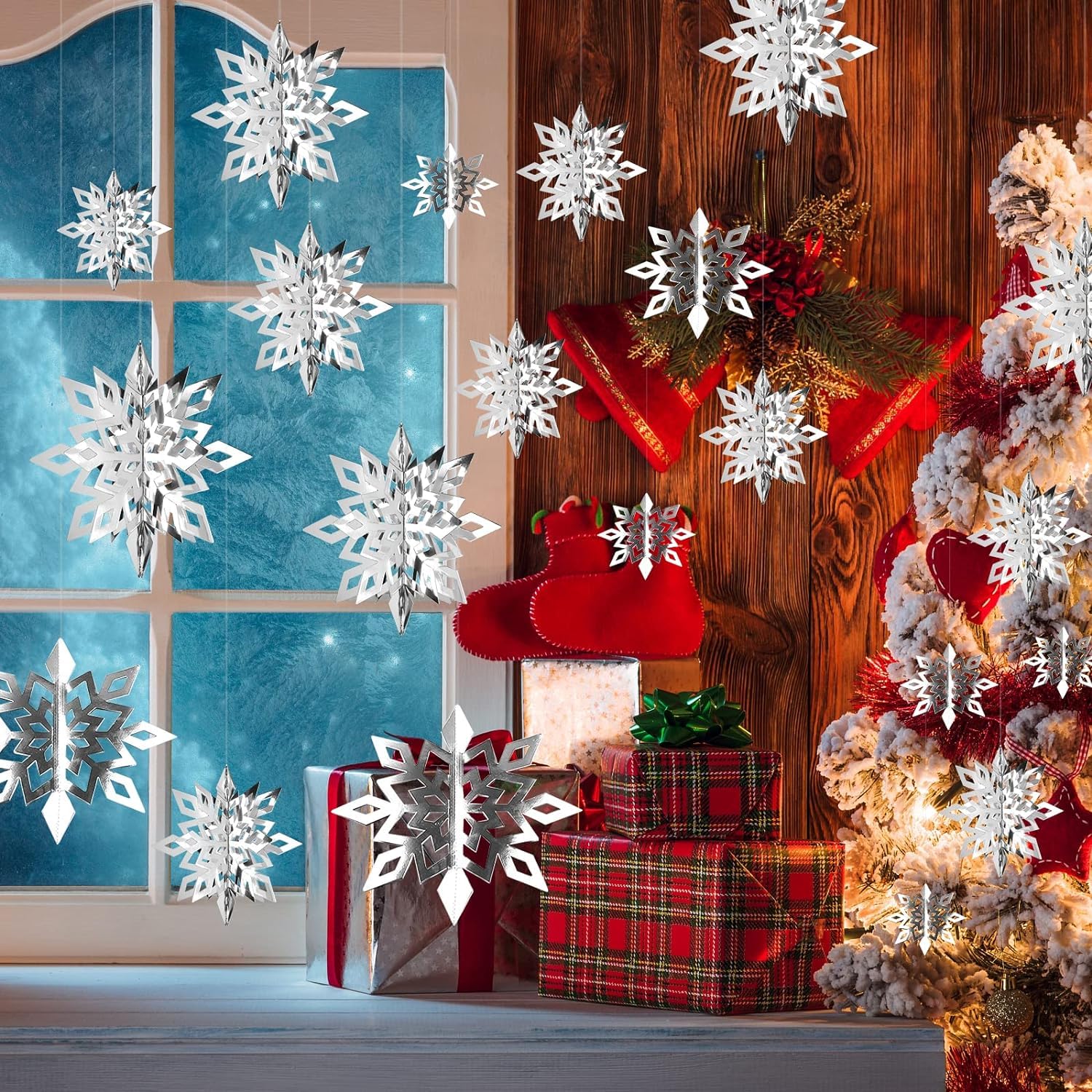 Christmas Hanging Snowflake Decorations, 15 Pack 3D Paper Snowflake Decoration Set - Silver Winter Christmas Ceiling Decorations for Xmas Holiday New Year Party Home Decor