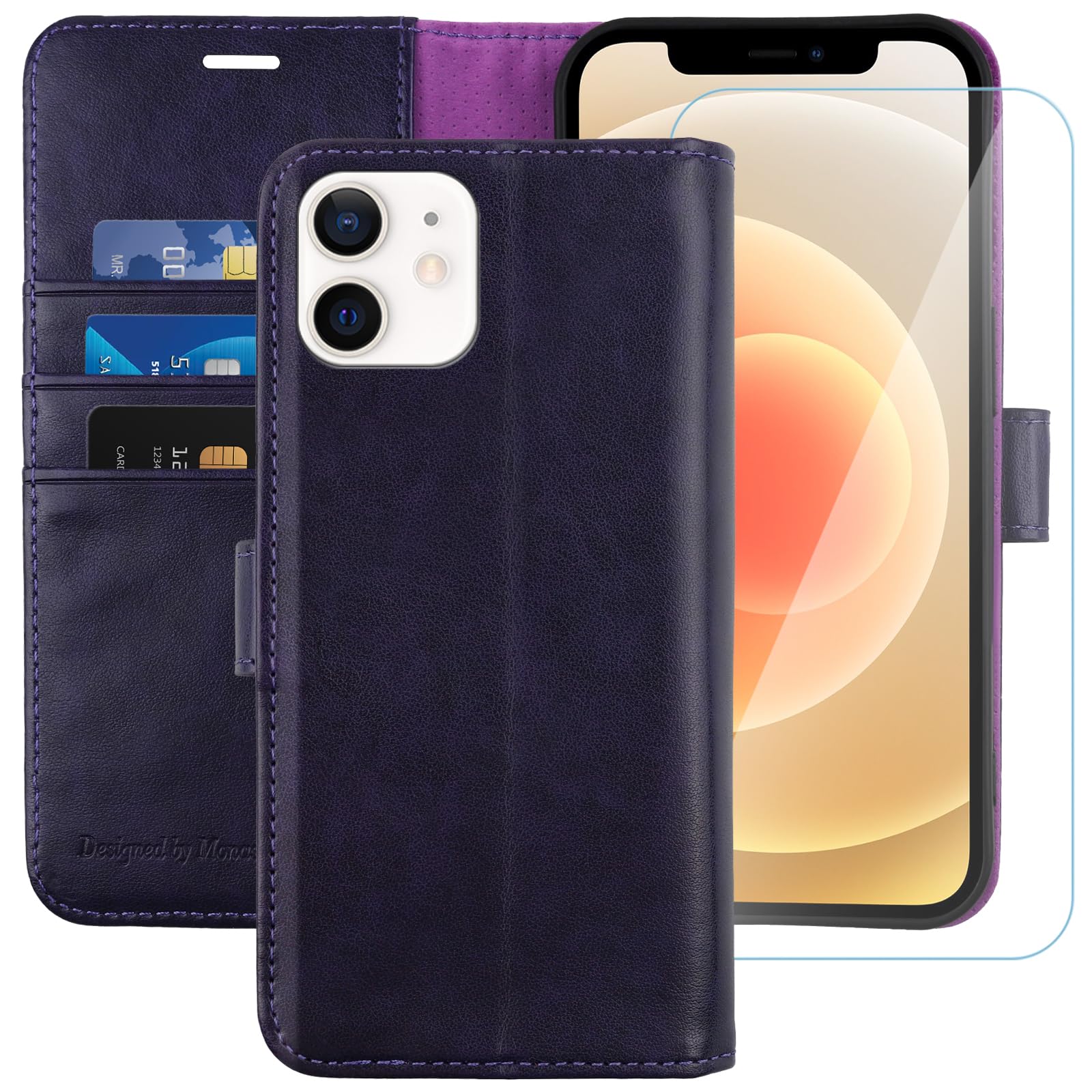 MONASAY iPhone 12 mini Wallet Case,5.4-inch, [Glass Screen Protector Included] [RFID Blocking] Flip Folio Leather Cell Phone Cover with Credit Card Holder for iPhone 12 mini,Purple