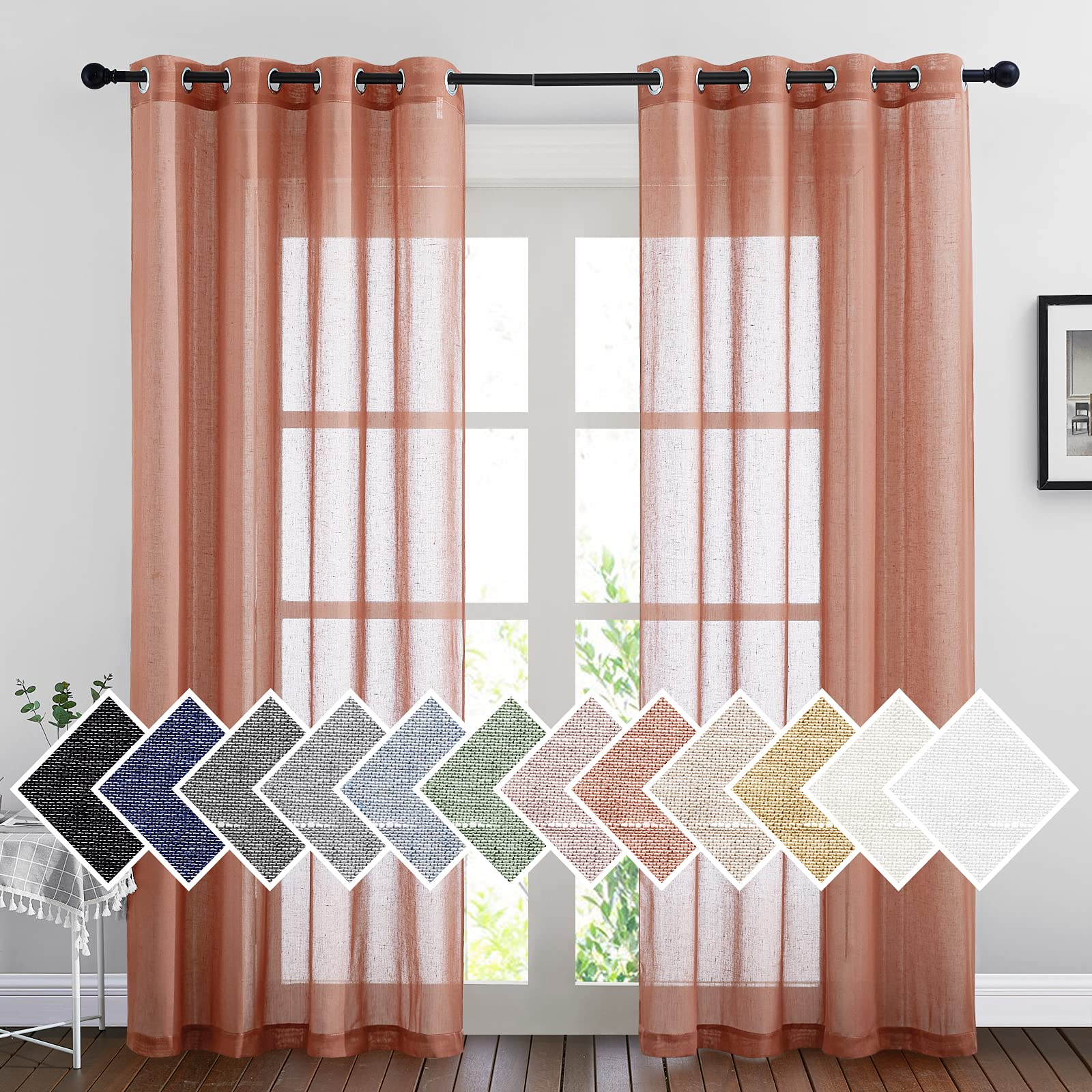 Photo 1 of NICETOWN Semi Sheer Linen Curtains, Grommet Top Rustic Linen Burlap Curtains Privacy with Light Through Vertical Drapes for Bedroom/Home Office, Burnt Orange, W52 x L84, 1 Pair