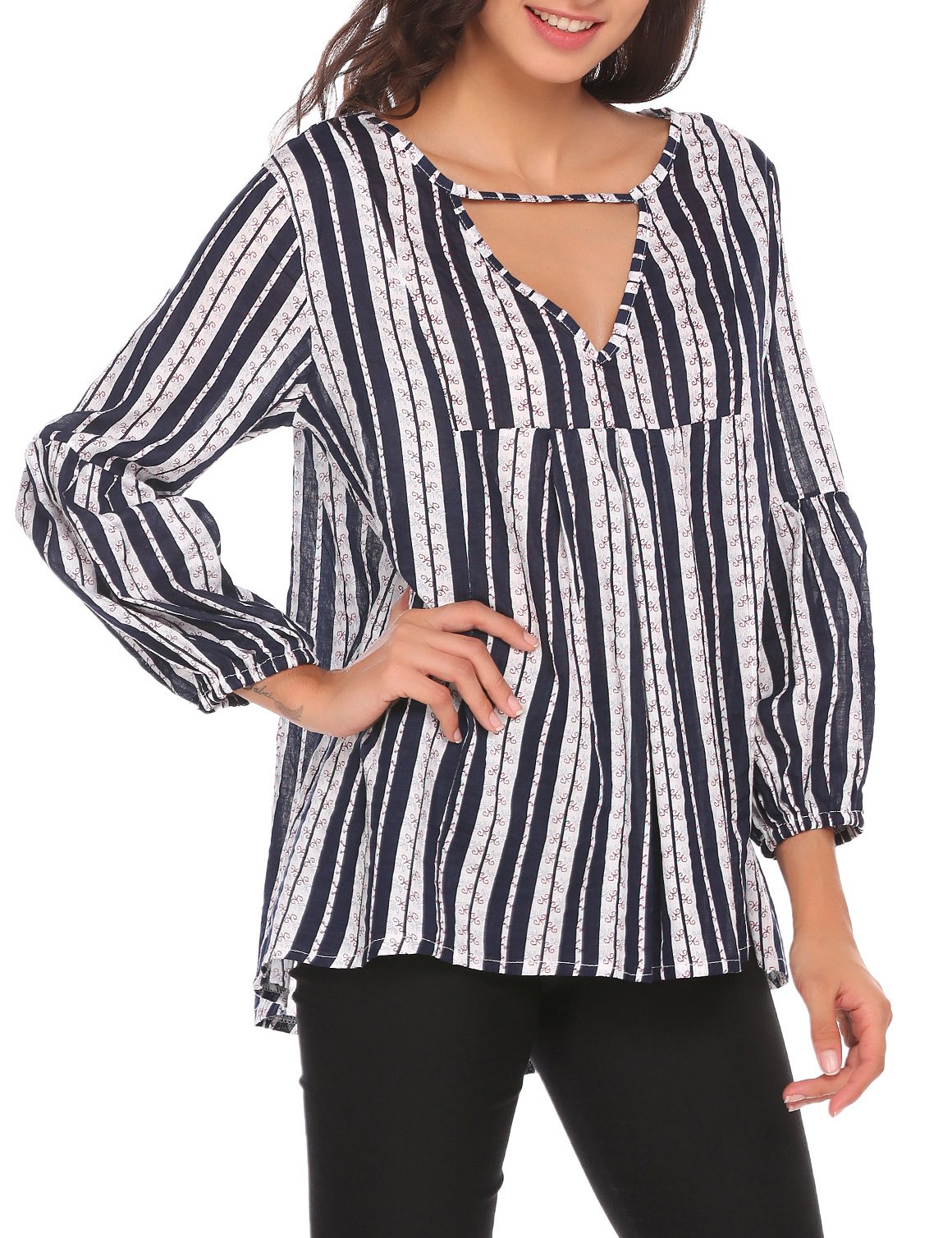 SE MIU Women\'s Long Sleeve High Low V Neck Striped Shirt Blouse Tops