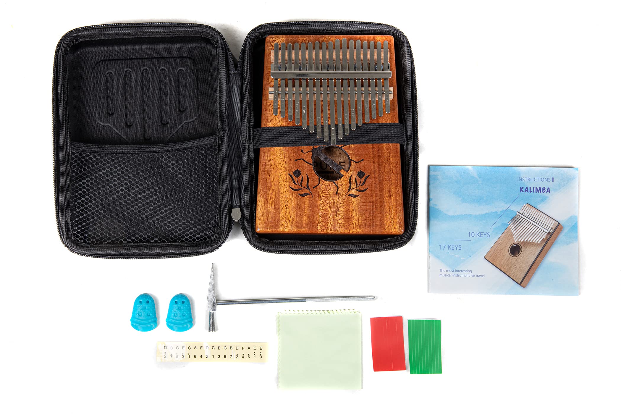 GEWA F835550 Kalimba thumb piano mahogany, beetle motif, 17 steel reeds, tunable, incl. bag, tuning hammer, instructions