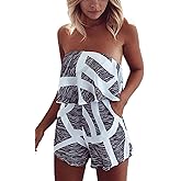 ECOWISH Women Off Shoulder Romper Strapless Floral Print Striped Beach Shorts Jumpsuit