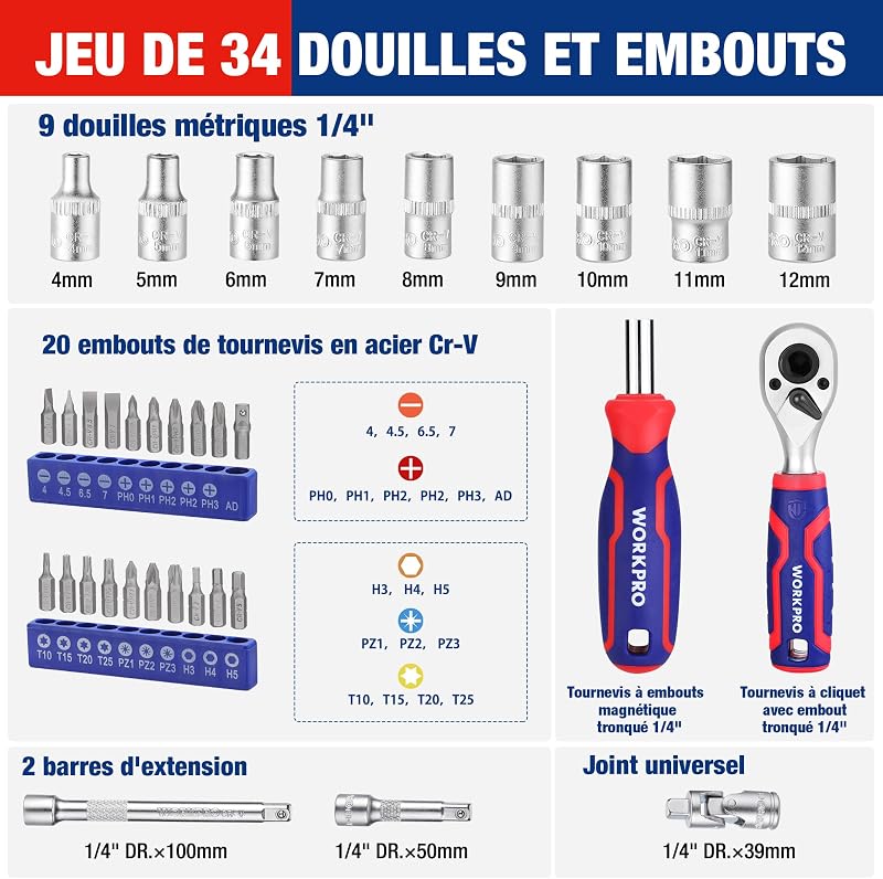 Coffret de Douilles et Embouts 34 Pièces, Mini Clés à Cliquet 1/4" Double Tête 2-en-1, Tournevis à Embouts Magnétique, 2 Rallonges et Joint Universel, Outils de Réparation pour Vélos Voitures