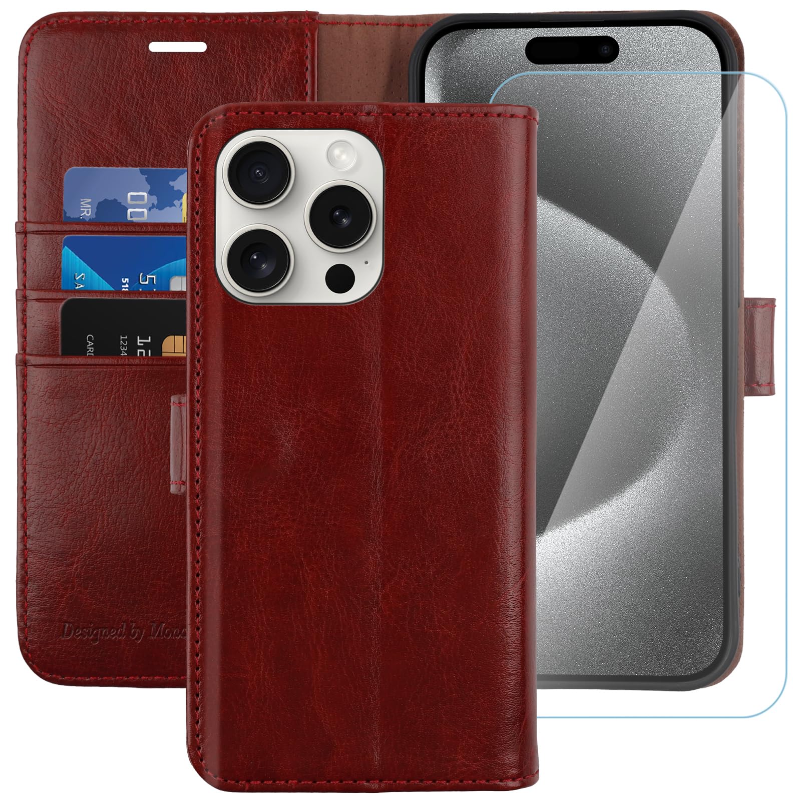 MONASAY for iPhone 15 Pro 5G Wallet Case, [Glass Screen Protector Included] [RFID Blocking] Flip Folio Leather Cell Phone Cover with Credit Card Holder, 6.1-inch, Burgundy