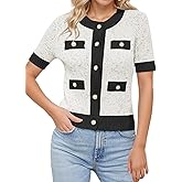 LCXWFE Womens Cropped Short Sleeve Cardigan Sweaters Crew Neck Button Down Tweed Cardigans Knitwear Tops with Pockets