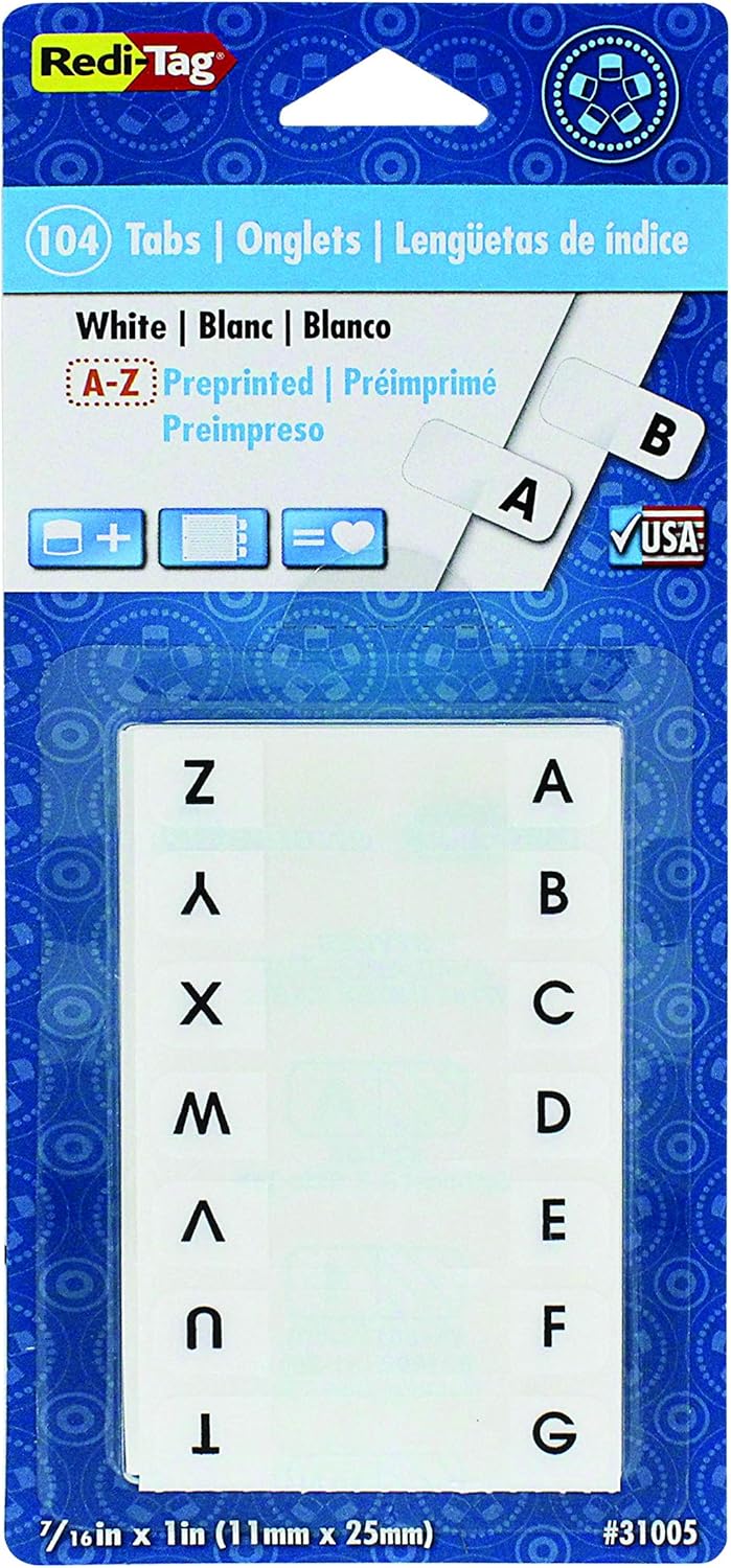 Redi-Tag Pre-Printed Index Tabs, A to Z, Permanent Adhesive, 7/16" x 1", 104 Tabs per Pack, White with Black Print, 1-Pack (31005) : Adhesive Alphabet Tabs : Office Products