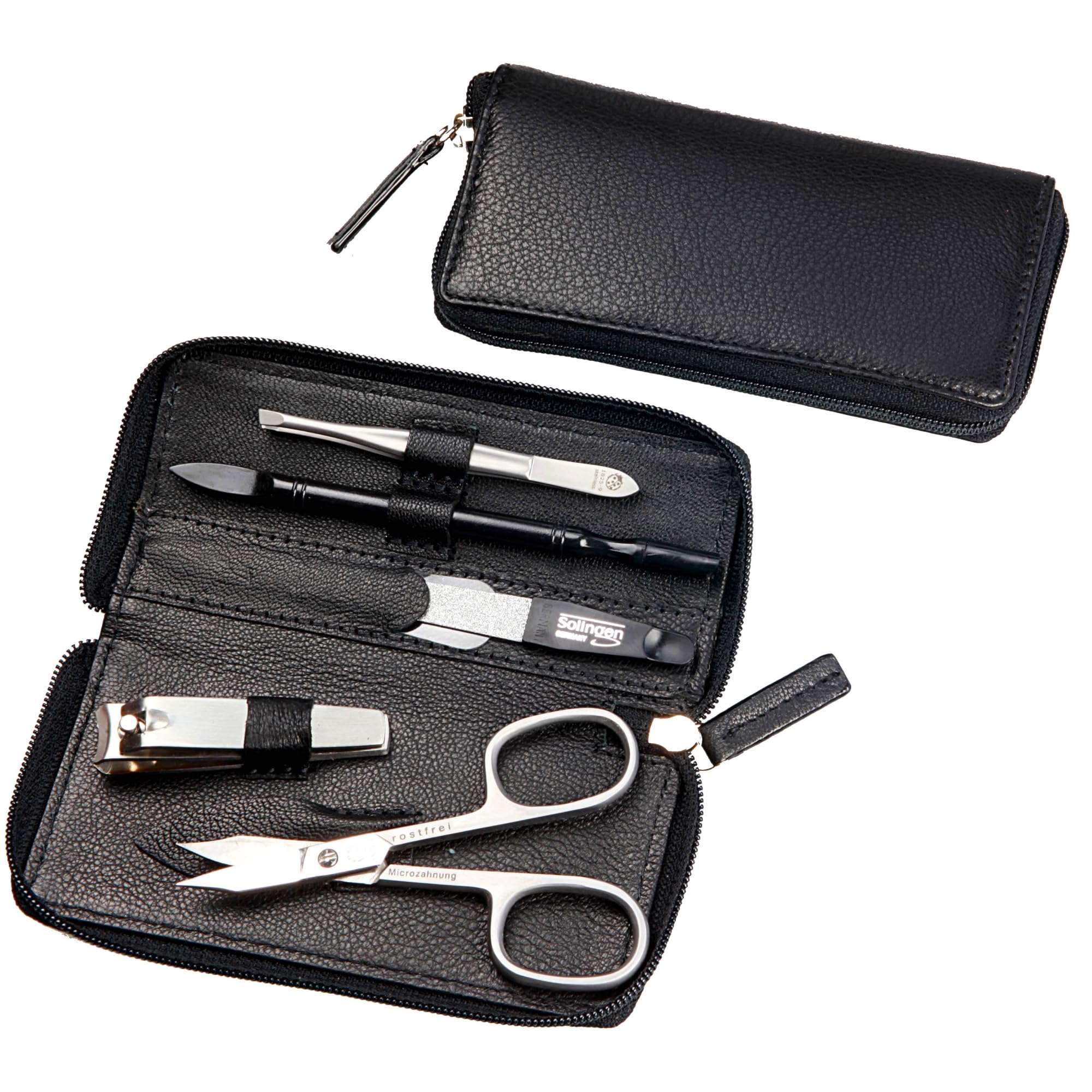 Sonnenschein by Hans Kniebes Manicure Set 5 Pieces Nail Scissors, Nail Clippers, Nail File, Tweezers, Manicure Hoof Stick, Stainless Steel, Nail Care Set, Nappa Sheepskin Manicure Case