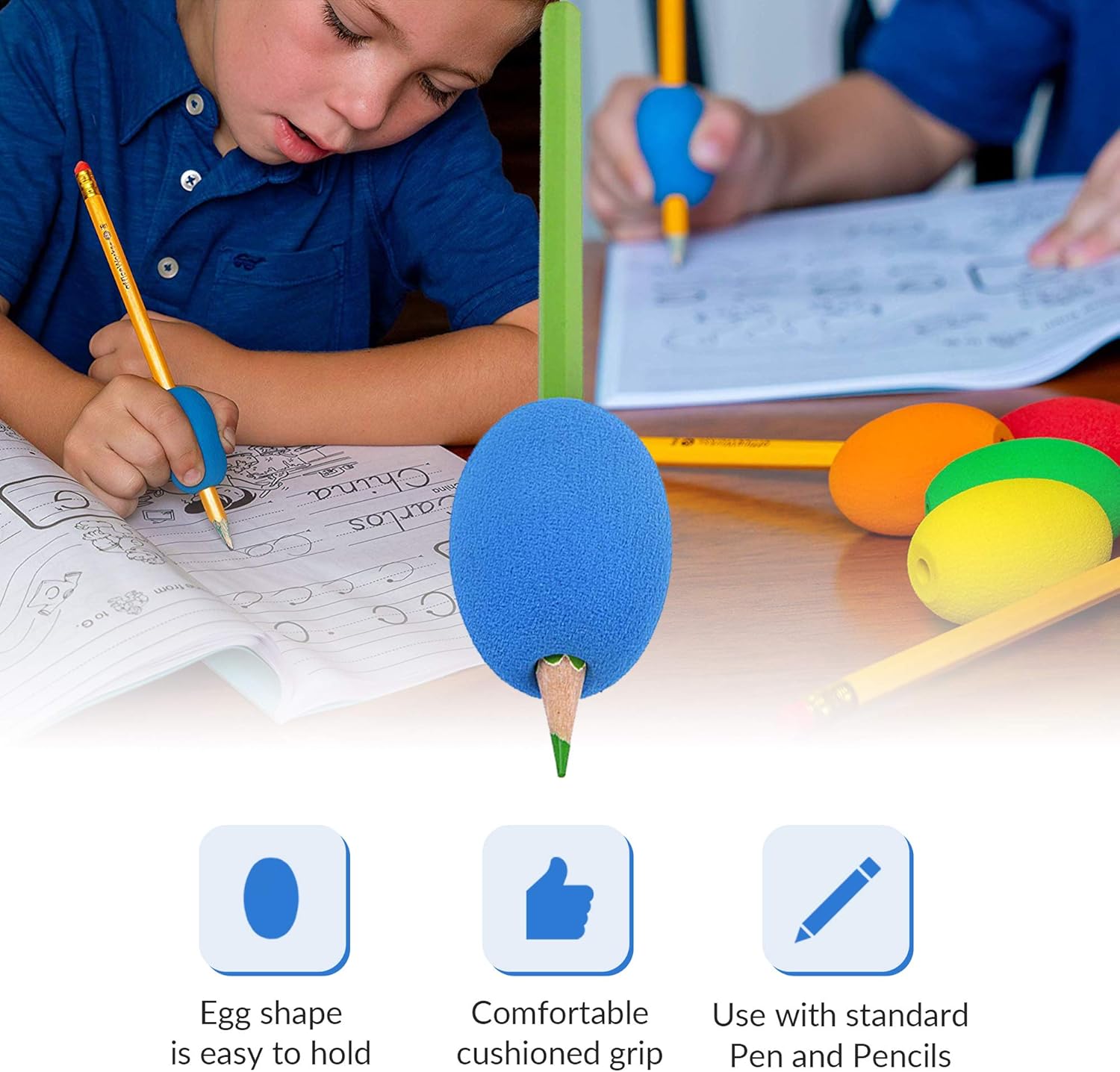 Special Supplies Egg Pencil Grips for Kids and Adults Colorful, Cushioned Holders for Handwriting, Drawing, Coloring - Ergonomic Right or Left-Handed Use - Reusable (6-Pack): Health & Personal Care