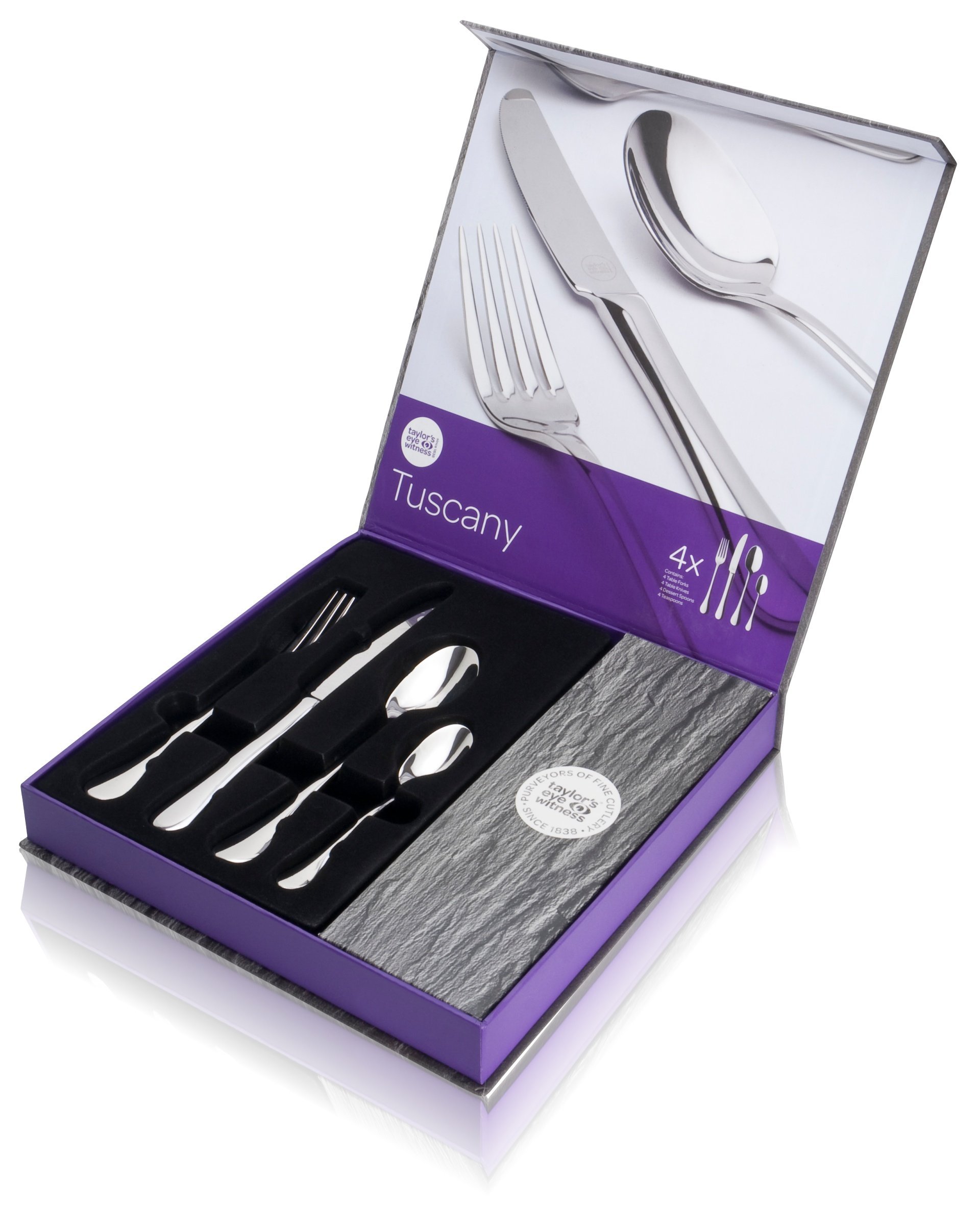 16 Pcs Kitchen Cutlery Set - Tuscany by Taylor's Eye Witness. Elegant, Sleek & Classic. 18/10 Stainless Steel. Rust-Resistant. Mirror Shine. Dishwasher Safe. Knife/Fork/Spoon/Teaspoon. 4 Settings.