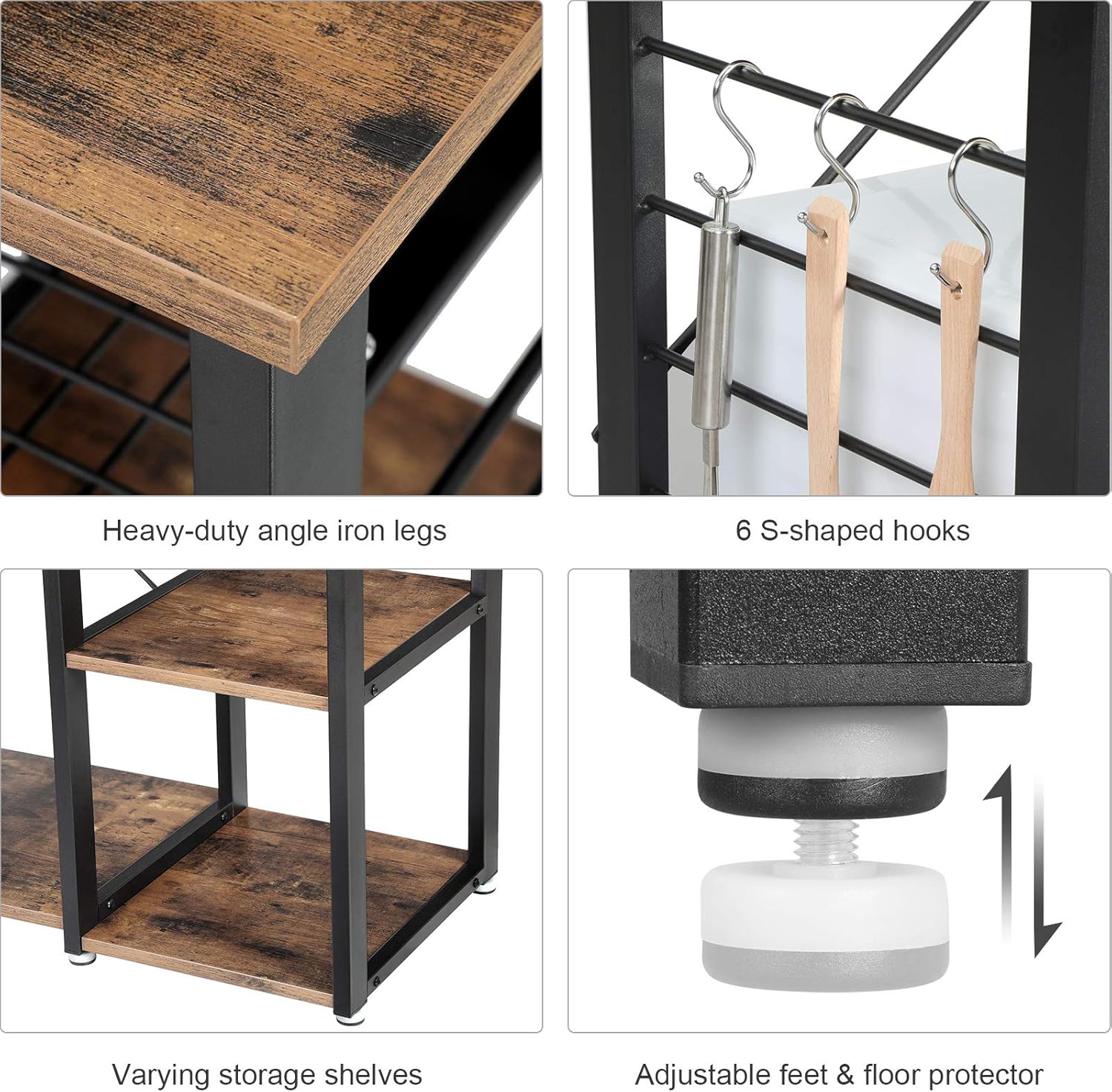 VASAGLE Industrial Kitchen Baker’s Rack, Coffee Bar, Microwave Oven Stand Metal Frame, Wire Basket 6 Hooks Mini Oven, Spices Utensils, Simple Assembly Wood Look - Standing Baker's Racks