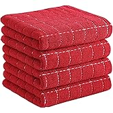Homaxy 100% Cotton Terry Kitchen Towels(Red, 13 x 28 inches), Checkered Designed, Soft and Super Absorbent Dish Towels, 4 Pack