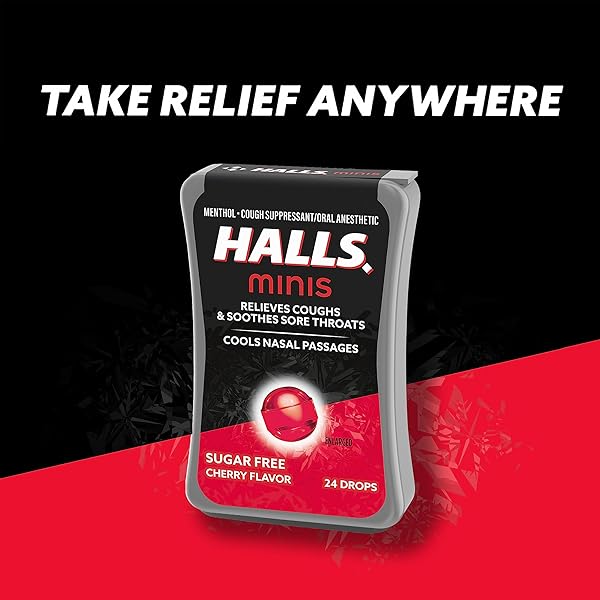 HALLS MINIS CHERRY FLAVOR SUGAR FREE COUGH DROPS, 8 PACKS OF 24 DROPS (192 DROPS TOTAL)