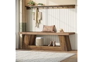 Tribesigns 63" Wooden Entryway Bench with Storage Shelf, Rustic Extra Long Bench, 2-Tier Narrow Hallway Seating Bench for Liv