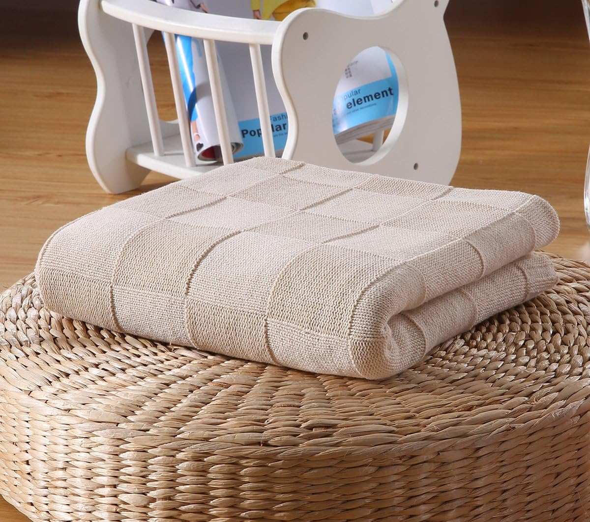 All Cotton Knitted Throw Checkered Pattern Lightweight Sofa Blanket, 43x70 Inches, Beige