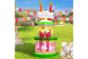 SHDEJTG 6 Feet Birthday Cake Inflatable Decoration Happy Birthday Cake Blow up Outdoor Yard Decor with Candle for Halloween Birthday Party Indoor Home Celebration Garden Lawn