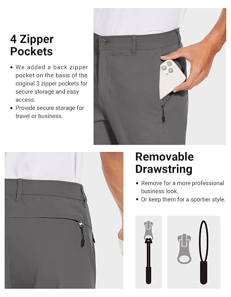 SPECIALMAGIC GOLF PANTS MEN STRETCH SLIM FIT HIKING PANTS LIGHTWEIGHT DRESS CASUAL TAPERED 2 BACK ZIPPER POCKETS,GREY 30W30L