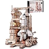 ROBOTIME 3D Space Shuttle Wooden Puzzle for Adults, Dynamic Rocket Launch Model Building Kits with Lights, AS Home Desktop De