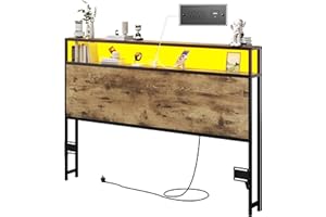 Lifezone Headboard Queen Size with Storage, 2-Tier Queen Headboard with Shelf, LED Light & Charging Station & USB Port, Sturdy and Easy Assembly, Rustic Brown