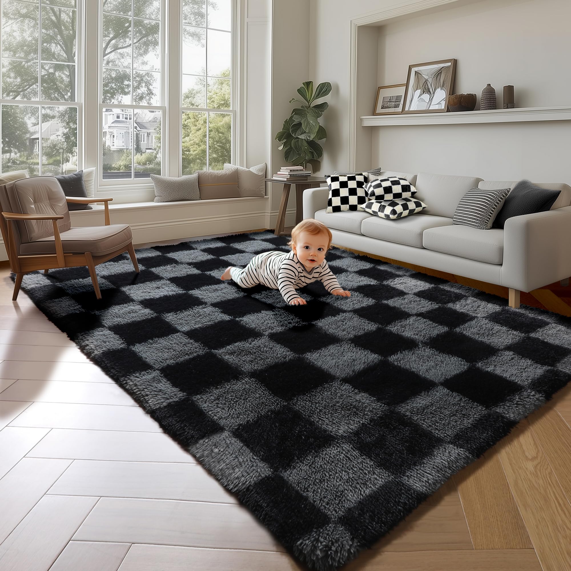 KICMOR Rugs for Living Room 5x7 Black and Grey, Soft Fluffy Checkered Shag Area Rug Furry Shaggy Floor Carpets for Bedroom, Indoor Fuzzy Plush Rug for Teen Kids Boys Girls Room Nursery Home Decor