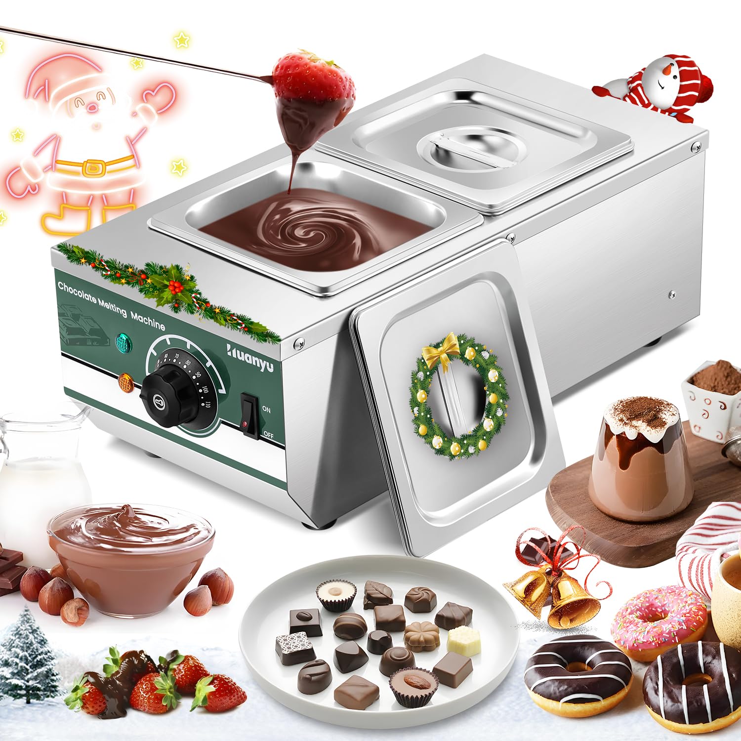 Huanyu 600W Commercial Chocolate Tempering Machine 30℃~80℃ Chocolate Melter with 2 * 1.6L Pots Auto Temp Control Water Heating Hot Chocolate Melting Machine