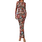 PRETTYGARDEN Women's Long Sleeve Bodycon Dresses 2026 Spring Sexy Floral Mesh Slit Ruched Tight Maxi Wedding Guest Dress