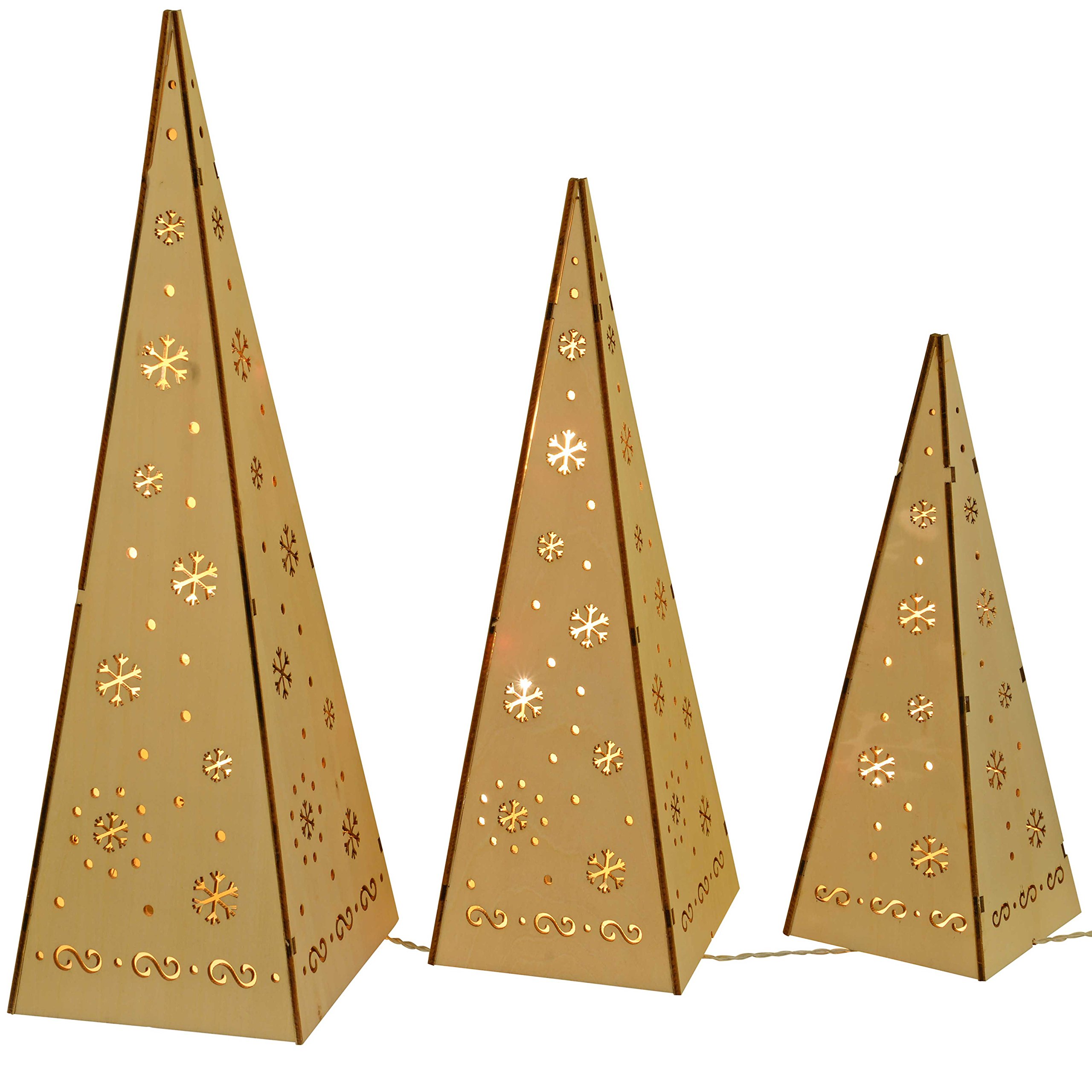 WeRChristmas Wooden Pyramid Christmas Trees with Warm White LED Lights Decoration - Multi-Colour, Set of 3