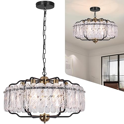 OSGNER 24 Inches Chandeliers for Dining Room, Black Gold Modern Chandelier for Living Room, Water Ripple Glass, Light Fixture for Entryway, Foyer, 6 Bulbs(Not Inclubed), E26 Base, Height Adjustable
