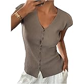 GORGLITTER Women's Short Sleeve Button Up Cardigan V Neck Cap Sleeve Sweater Ribbed Knit Tops Grey Large