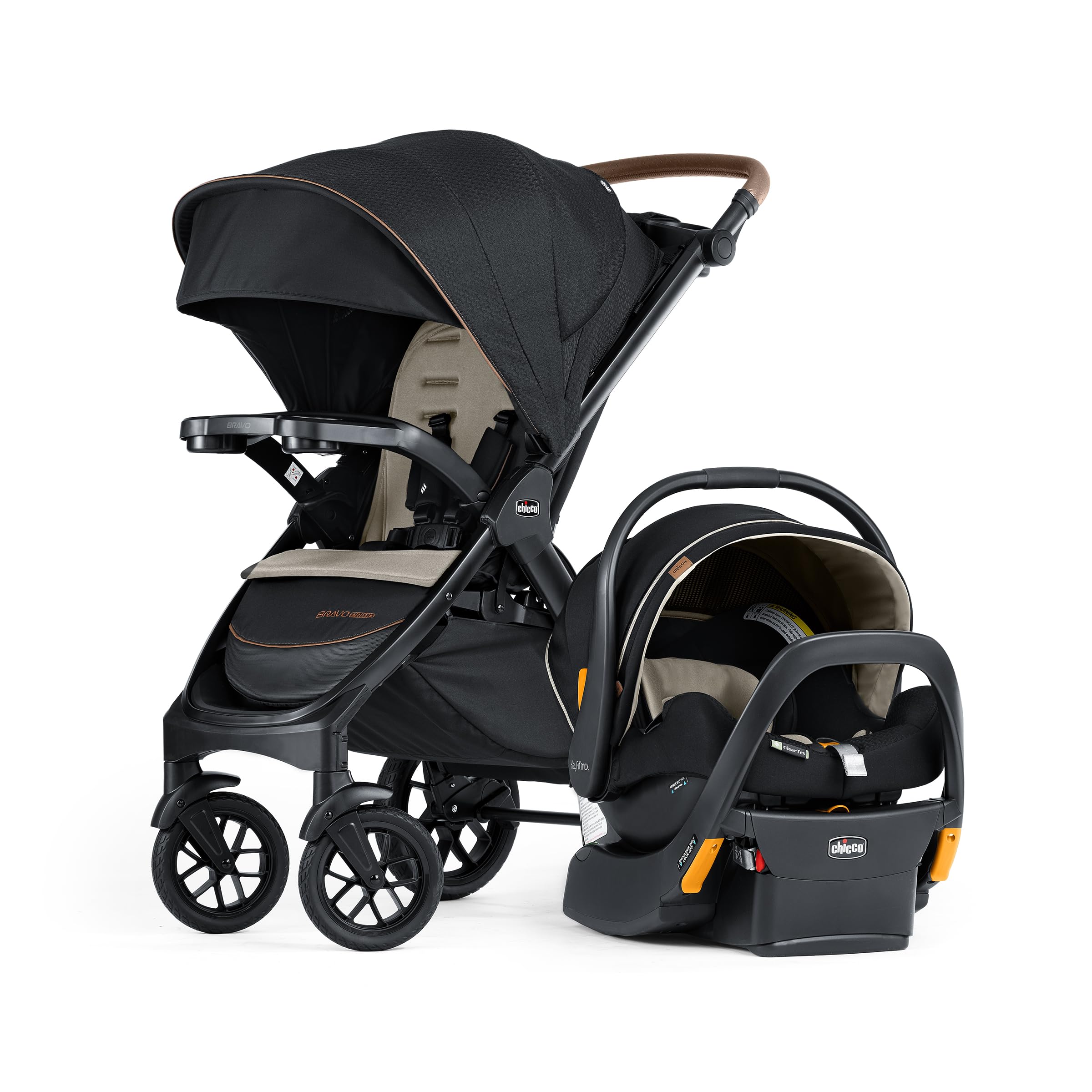 Chicco Bravo Primo ClearTex Trio Travel System, Bravo Primo Quick-Fold Stroller with Chicco KeyFit Max Zip ClearTex Infant Car Seat, Car Seat and Stroller Combo | Somerset/Black Image