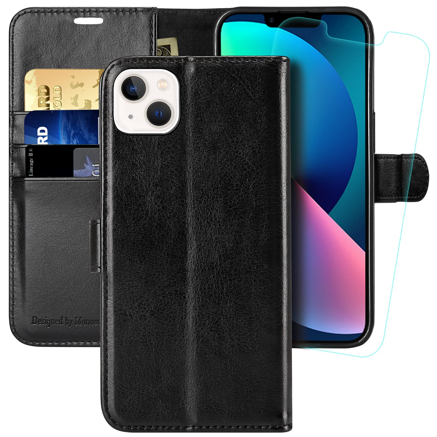 MONASAY Wallet Case for iPhone 13 5G,6.1-inch[Glass Screen Protector Included] [RFID Blocking] Flip Folio Leather Cell Phone Cover with Credit Card Holder,Black