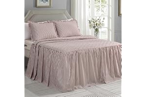 CHIXIN Ticking Stripe Ruffle Skirt Bedspread Queen Size - 30" Long Drop, Shabby Chic Style, Lightweight Bedding Cover, 3 Piece Set, Burgundy Red