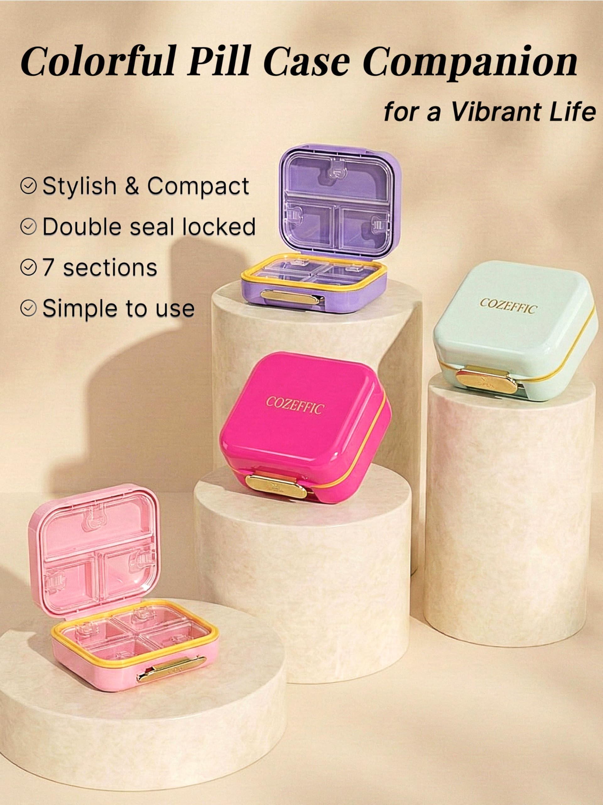 Small Pill Case Travel Pill Organizer - Moisture-Proof 7 Compartments Daily Pill Box for Purse, Pocket & Gym Bag, Secure Double Lock Medicine Vitamin Container for Supplements/Fish Oil - Hot Pink