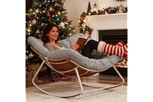 Naga Bahna Papasan Rocking Chair, Rattan Rocking Chair, Oversized Outdoor Chair with Deep Seat Thick Cushion, Patio Rocking Chair for Bedroom/Porch/Garden (Plush Light Grey & White)