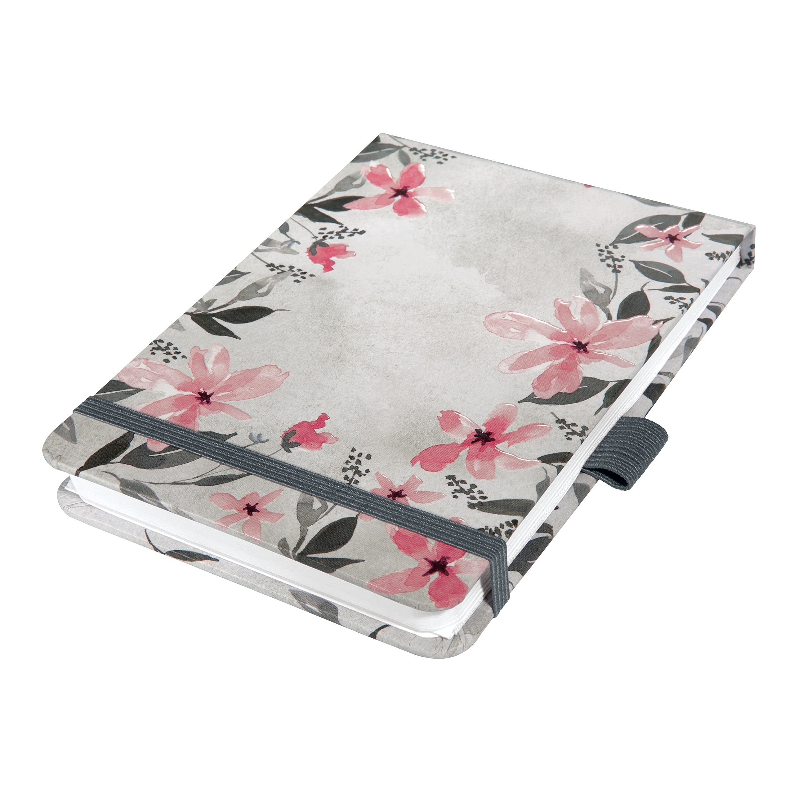 SIGEL JN398 Jolie Notepad, Loose Florals Grey, dotted (dot grid), 11 x 15,8 cm, hardcover, 158 pages, Grey, Pink