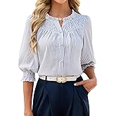 Blooming Jelly Womens Striped Button Down Shirts Smocked Cuffed 3/4 Length Sleeve Tops Ruffle Dressy Casual Blouses 2026