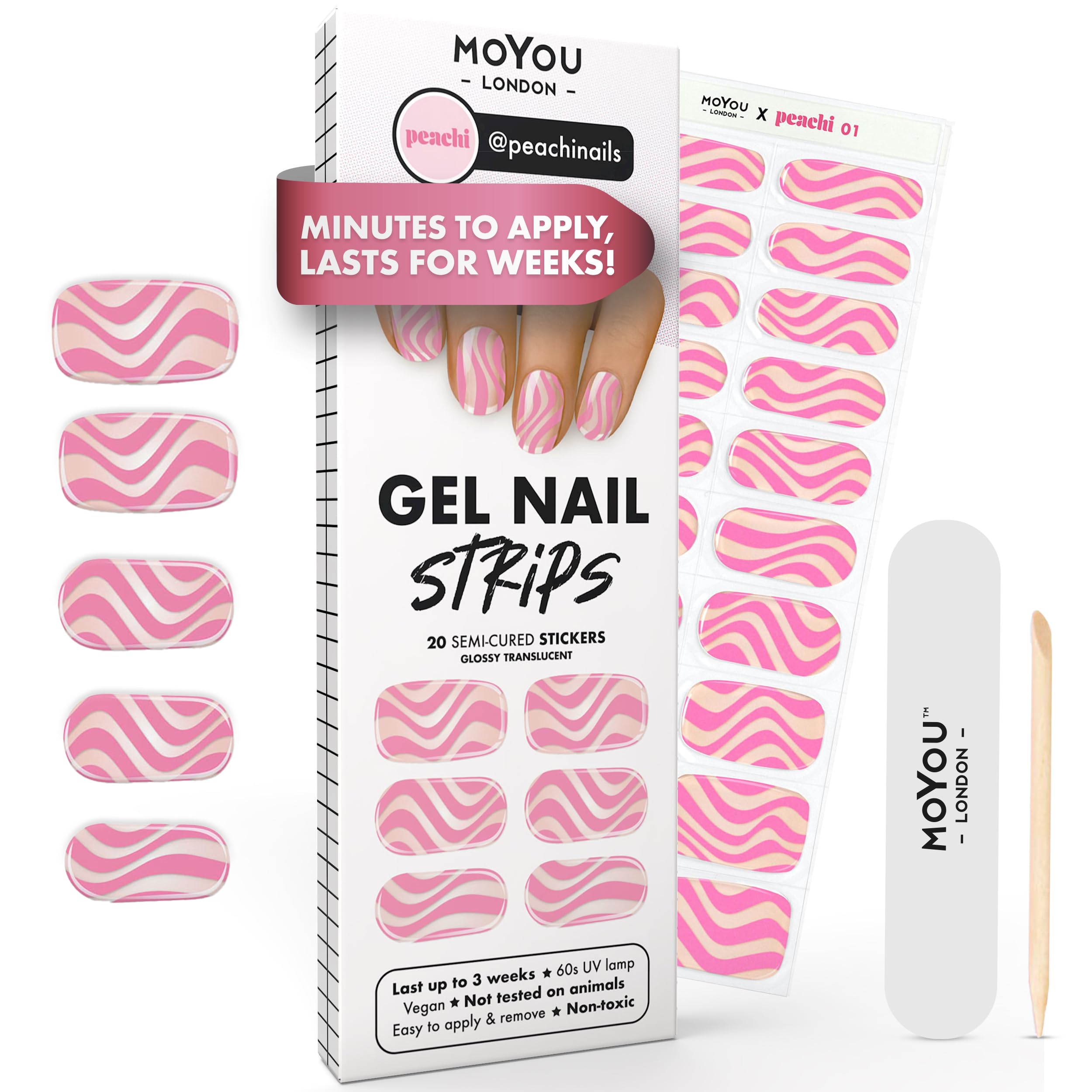 MOYOU LONDON Semi Cured Gel Nail Strips - 20 Pcs. Waterproof Gel Nail Wraps, Cures in Sunlight or UV/LED Lamp, Lasts Up to 2+ Weeks, Stretchable, Easy to Apply & Remove, Vegan & Cruelty-Free