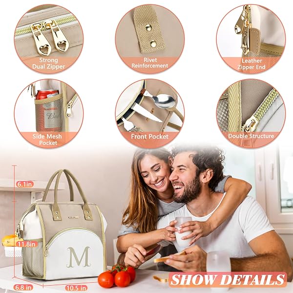 PERSONALIZED LUNCH BAG FOR WOMEN, REUSABLE INSULATED LUNCH BOX GIFT FOR FRIEND LARGE WIDE-OPEN WATER RESISTANT ADULT COOLER TOTE BAG FOR WORK, TRAVEL, PICNIC – PRINTED M