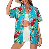Women Hawaiian Shirt Floral Tropic Print Tee Hawaii Button Down Tshirt Beach T Shirt Summer Short Sleeve Tops