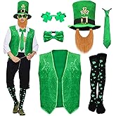 BOARDFEB 7PCS St Patrick's Day Leprechaun Costume, St. Patrick's Day Outfit Accessories Hat Beard Bow Tie Vest Socks Sunglasses Irish Shamrock Accessories for Adult Men Women Green