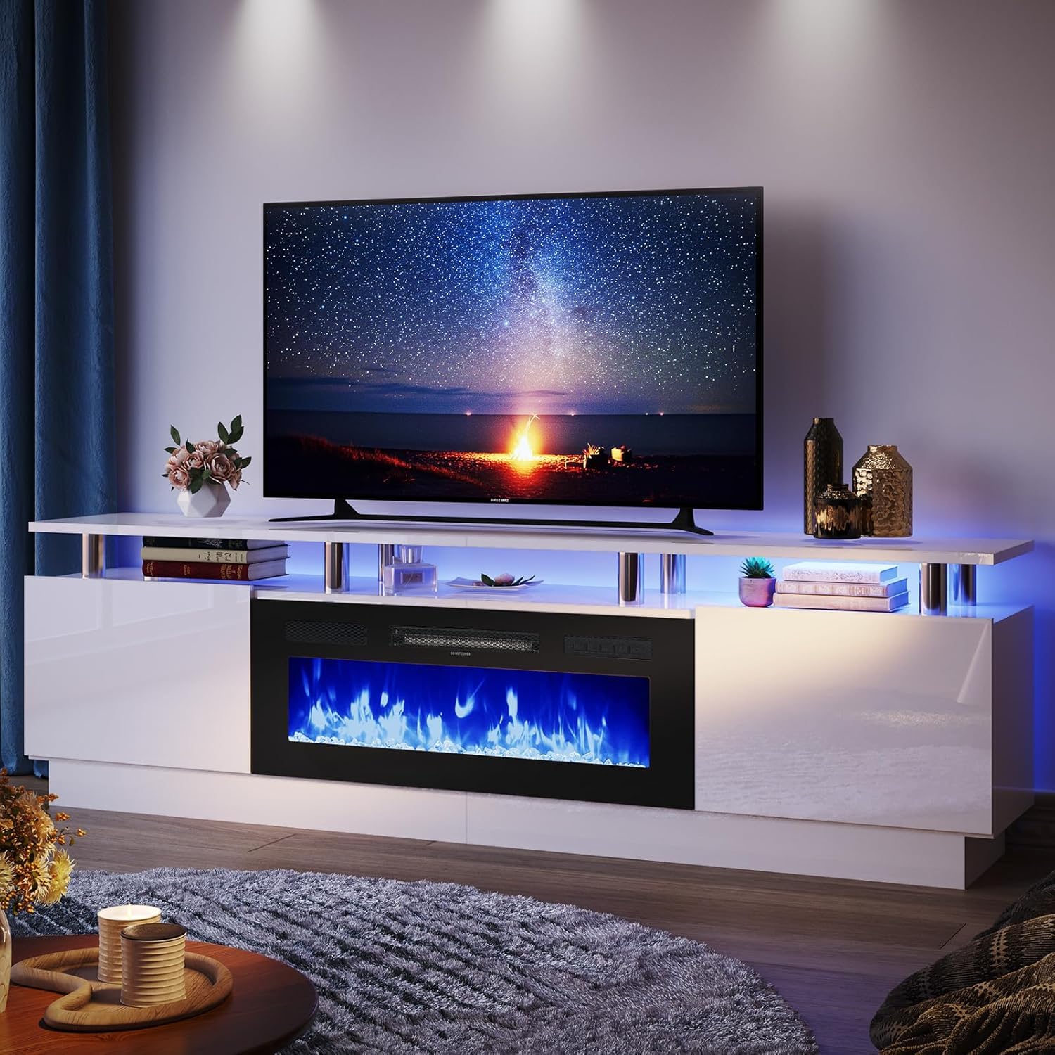 Photo 1 of ****ELECTRIC FIREPLACE ONLY**** YISUFO 80" Fireplace TV Stand, 2-Tier LED Entertainment Center with 36" Fireplace, Fits TVs up to 90", Modern High Gloss TV Console with LED Lights & Storage Cabinets for Living Room, White + Black