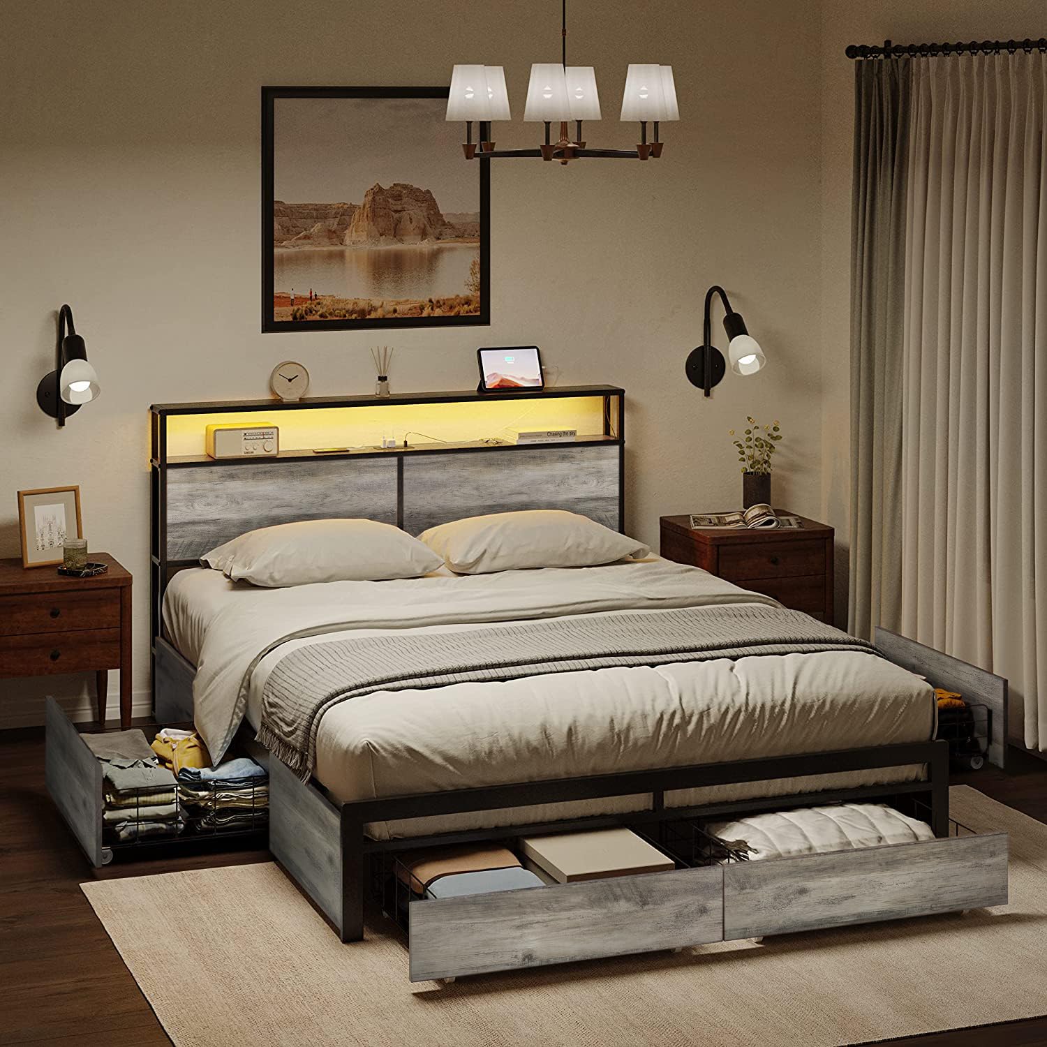 Photo 1 of *UNTESTED*
HAUSOURCE Queen Bed Frame with Storage Headboard and 4 Drawers LED Lights Metal Platform Non-Slip Without Noise Mattress Foundation Strong Metal Slats Support No Box Spring Needed,Greige